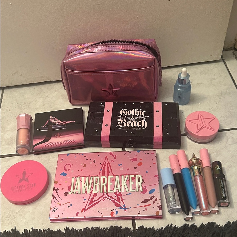Jeffree Star Holographic Pink Cosmetic Pouch with Makeup bundle